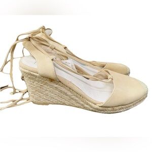 GAP Suede Beige Ankle Tie Espadrille Platform Wedge Sandals Rope Strappy nwt 8
